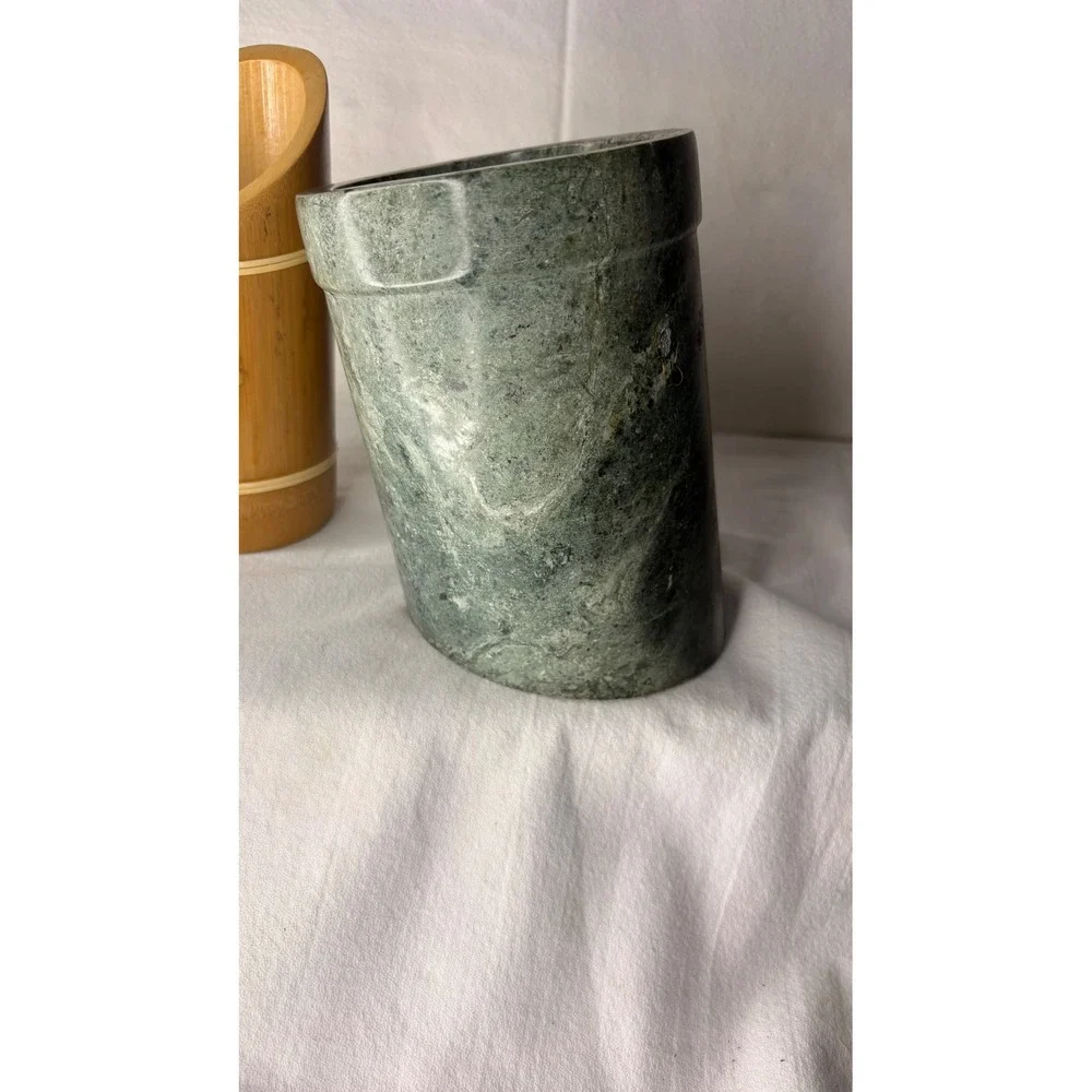 Bamboo Slanted Brush Holder and Green Stone Marble Cylinder Desk Organizer Set